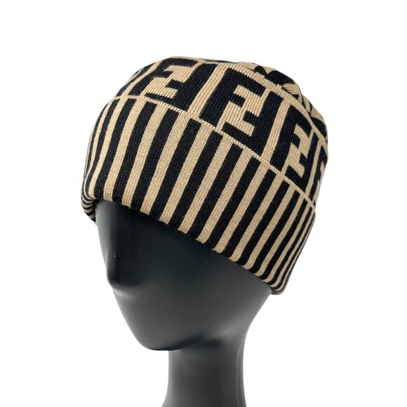 FENDI Accessories - FENDI Vintage Zucca Monogram Knit Beanie #42 Cap Beige Black Wool [105009]